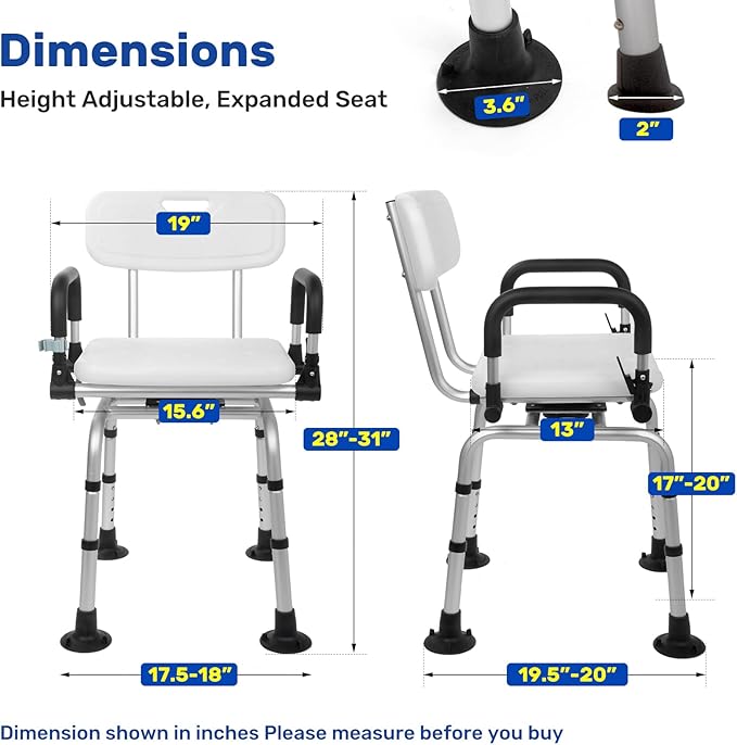 Swivel Shower Chair with Drop Arms for Inside Shower, 360° Rotating Bath Seat for Elderly & Disabled, Adjustable Height Shower Chair with Cushions & Accessories, Compact Design, 350 LBS Capacity