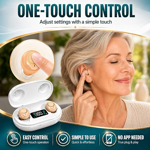 Rechargeable Hearing Amplifier for Seniors with Charging Case – Clear Sound for Conversations & TV Listening, Noise Reduction, Easy Volume Control, Comfortable In-Ear Design（Beige）