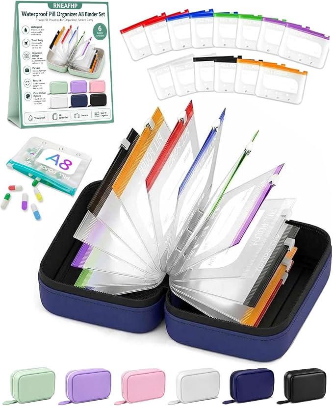 Waterproof Pill Organizer A8 Binder Set Pill Pouches for Travel 14PCS Bags Inside Large Zippered Pouch Bpa-Free Weekly Medicine Air Tight Pocket Color-Coded Reusable Travel Storage System