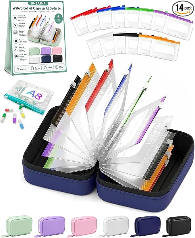 Waterproof Pill Organizer A8 Binder Set Pill Pouches for Travel 14PCS Bags Inside Large Zippered Pouch Bpa-Free Weekly Medicine Air Tight Pocket Color-Coded Reusable Travel Storage System