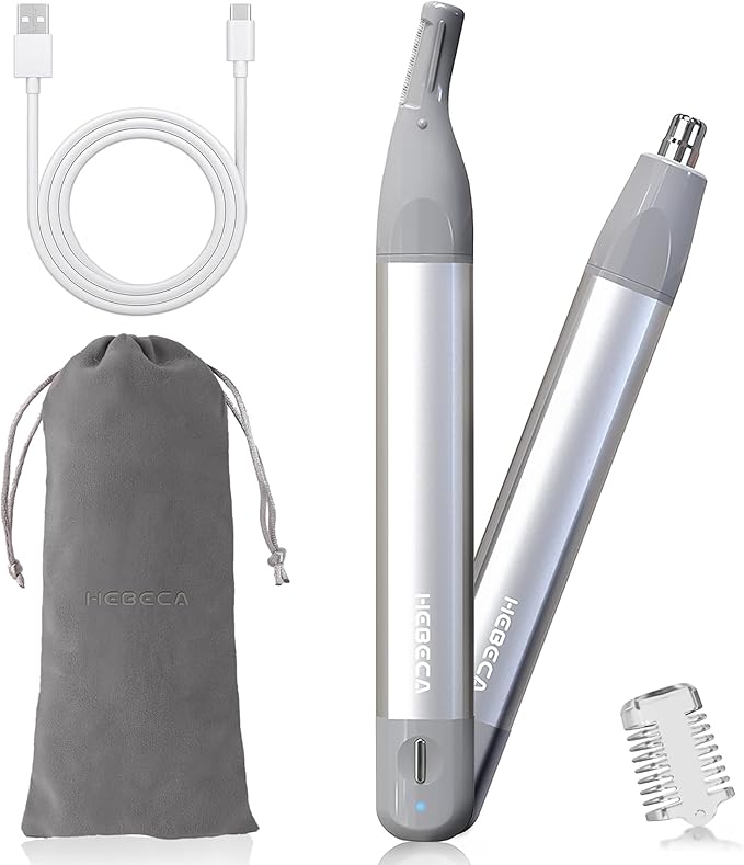 HEBECA Nose Hair Trimmer for Men Women 2in1 Facial Hair Removal Trimmer - Metal Body, Rechargeable, Waterproof, Portable - Nose, Ear, Eyebrow, Peach-Fuzz, Lips, Chin (Silver)