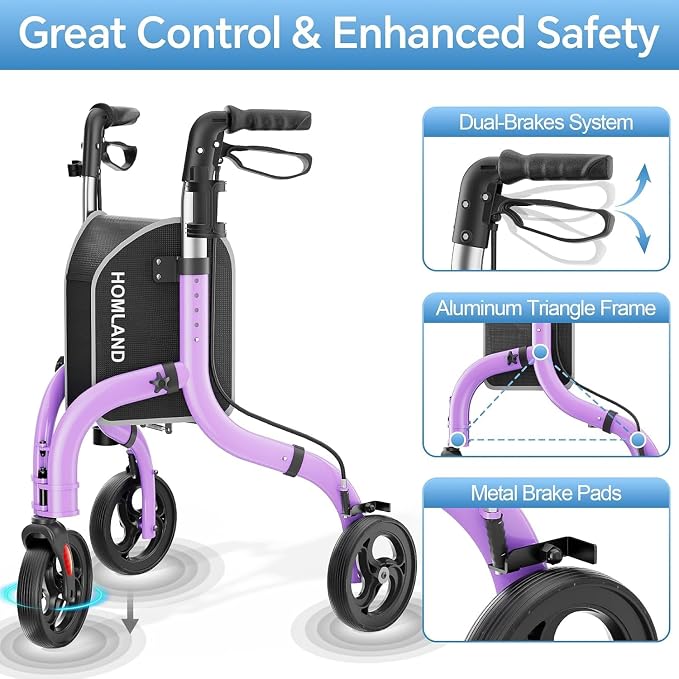 HOMLAND Foldable 3 Wheel Walkers for Seniors, Lightweight 10.4 lbs | with Cane & Cup Holder, Height Adjustable, 8'' big wheel, Lavender