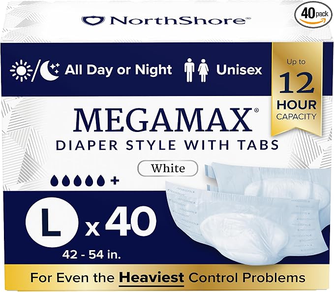 NorthShore MegaMax 12-Hour HBL Adult Diapers for Heavy Bladder Leaks, Large, 40 Count, White, 42-54 inches, Tab-Style Incontinence Underwear for Men, Women & Teens