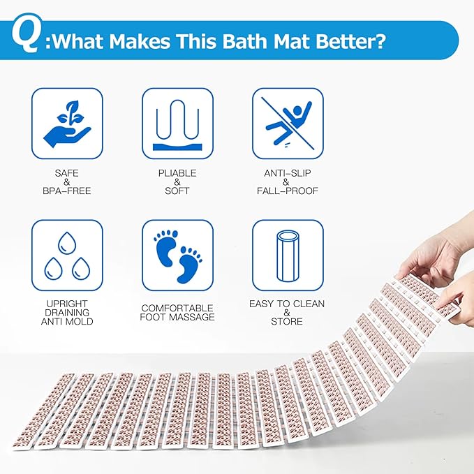 Non Slip Rubber Bathtub & Shower Mat - Fast Drain & Upright Drying Design, Strong Suction Cups, Structured Textured Surface, Low-Maintenance Bathroom Safety Mat, 27 x 16 Inch, Beige, Matace