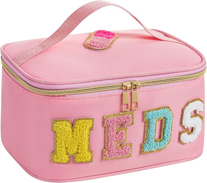 uekeboag Personalized Chenille Letter MEDS Makeup Bag, Portable Nylon Cosmetic Toiletry Storage bag with Top Handle, Transparent Meds Travel Organizer Cosmetic Bag(14Pink)