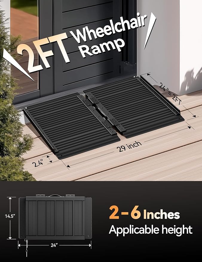 Black Aluminum Ramp 2FT, With Non-Slip Surface Wheelchair Ramp, Folding Portable Wheelchair Ramps for Home Steps,Scooter Ramp for Car, Stairs, Doorways, Curbs, 800 LBS Weight Capacity, 28.3" W x 24''L
