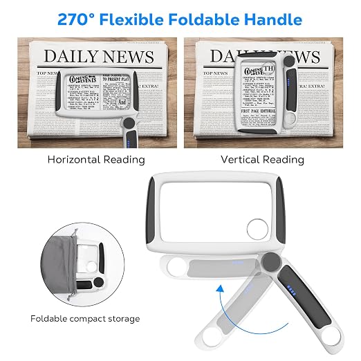 MoKo Magnifying Glass with Light, 5X/20X/45X Full-Page Magnifier | Rechargeable magnifying glass for reading has 20 LEDs, 3 light levels and a foldable handle; black finish.