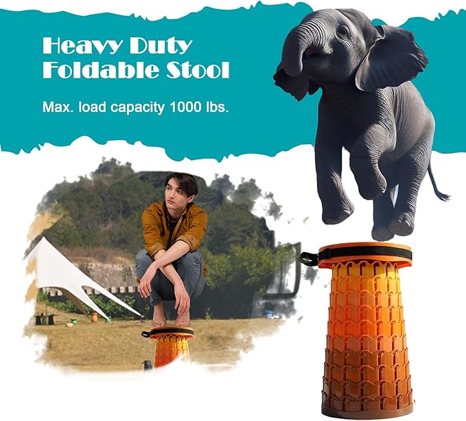 Collapsible Stool with Cushion,1000 lbs Capacity,19.7-in Adjustable Height | Wider & Taller Heavy Duty Portable Telescoping Folding Seat Chair for Adults Camping,Fishing,Travel,Queue Wait,Stadium View