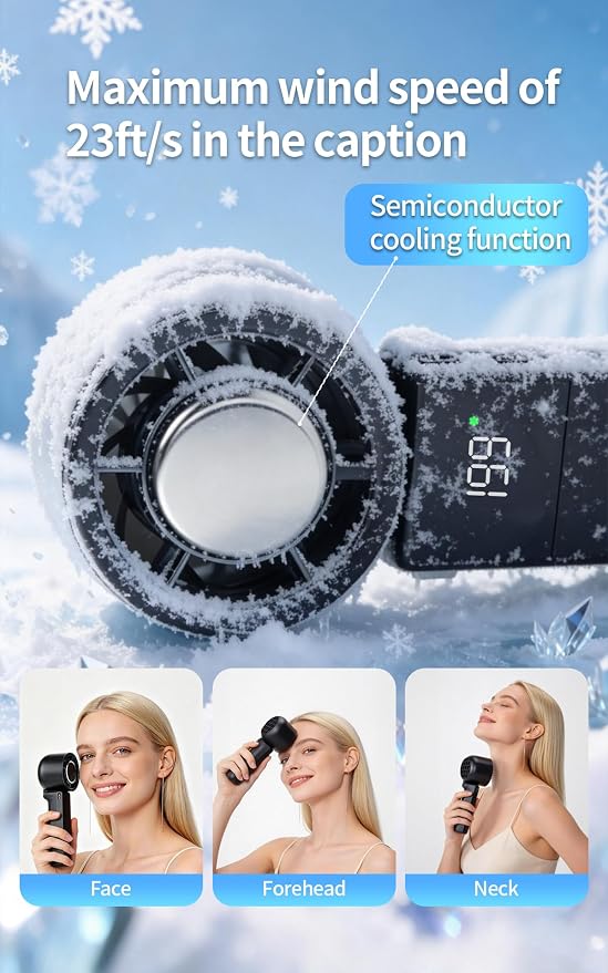 Portable 3-in-1 Handheld Neck Fan, Semiconductor Cooling, 4000mAh Up to 13H Runtime, 11000RPM 7M/S Wind, 5 Speed Adjustable Quiet 50dB Foldable Personal Fan for Outdoor Office Travel(Black)