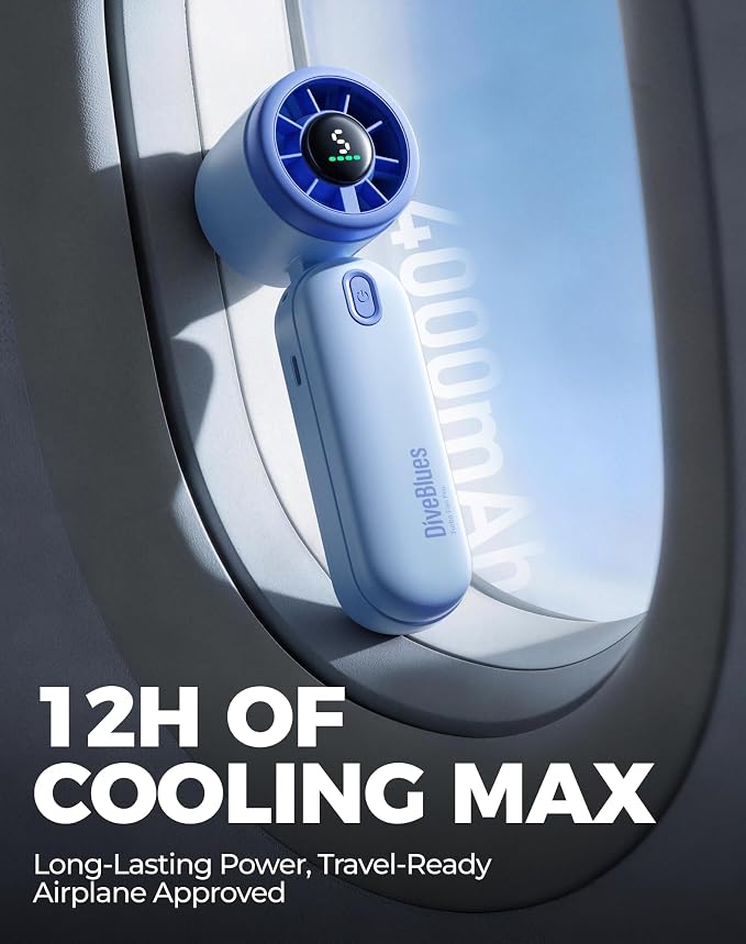 Diveblues Mini Portable Handheld Turbo Fan 27ft/s, 4000mAh Battery | 12H Max Cooling, 5 Speeds, LED Display, Quiet Motor, 3-in-1 Handheld/Neck/Desk Fan for Travel, Cruise & Disney Essentials