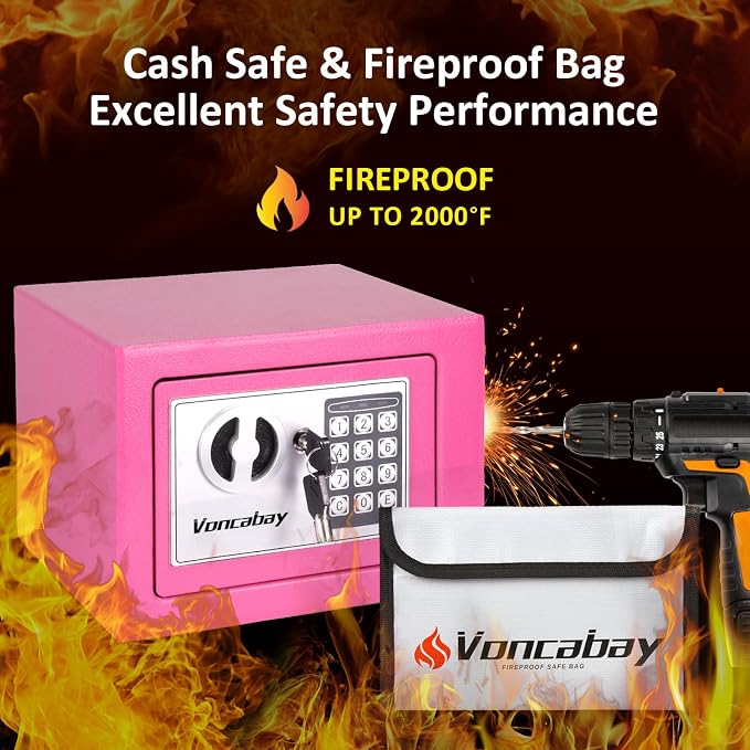 Voncabay Money Safe Box for Home with Sensor Light & Fireproof Money Bag, Security Lock Box with Keys & Pass Code, Fireproof Safe with Digital Keypad Pink