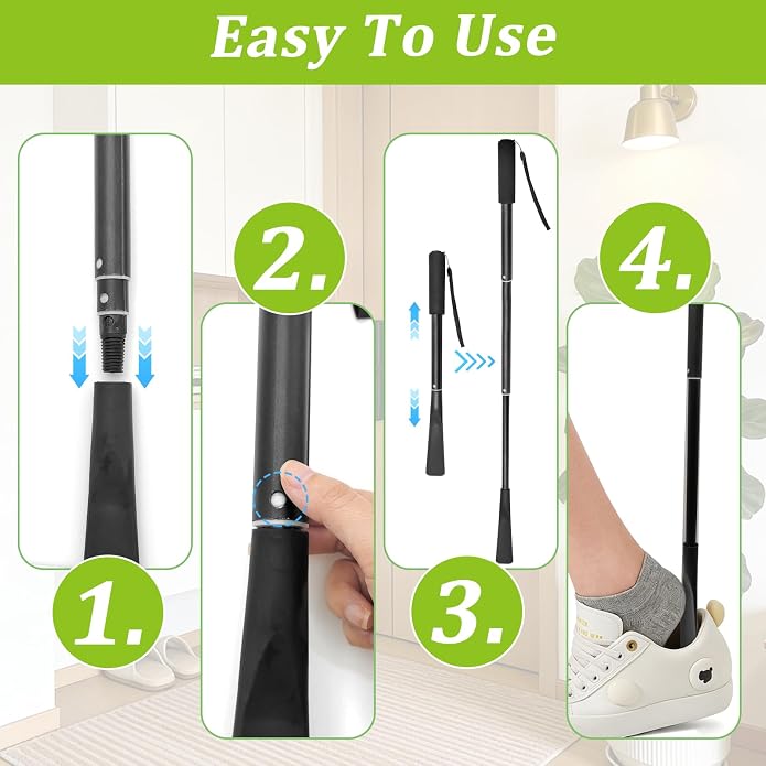 Shudyear Shoe Horn Handle Metal Retractable Shoehorn - Heavy Duty Extendable Shoe Horn with Locking Design, No Bending Shoe Helper for Seniors Elderly Men Women Boots
