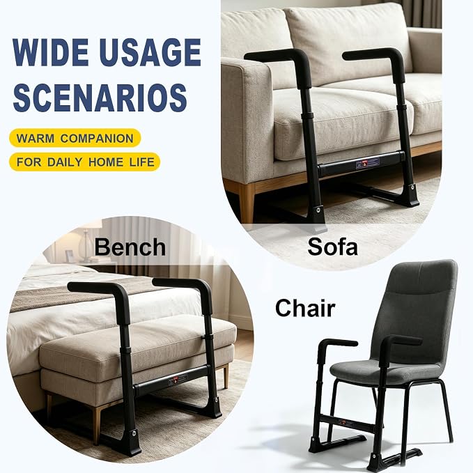 Couch Stand Assist for Elderly Seniors, Adjustable Height & Width, Black | Non-slip handles for secure grip. Supports 400 lbs. Heavy duty frame. Use on couch, chair & low seats.