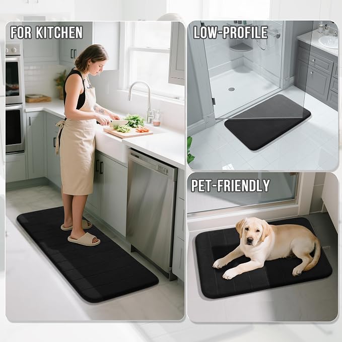 Yimobra Long Bath Mat 44"x24", Super Soft Quick Dry Memory Foam Bathroom Rug, Water Absorbent, Non Slip Backing Machine Washable for Tub Shower, Thick Comfort Support, Black