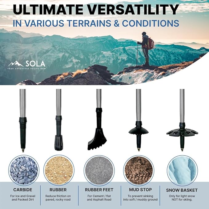SOLA Trekking Poles Lightweight Collapsible Hiking Poles - 7075 Aluminum Alloy with Anti-Sweat Cork Grips Great for Nordic Walking, Hiking and Camping for Men Women Seniors - 2pcs per Set