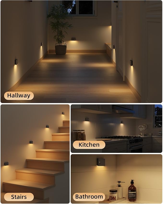 EZVALO 6 Pack Motion Sensor Night Lights, Sync LED Stair Lights Indoor, 1500mAh Rechargeable, Magnetic & Dimmable, 3000K Soft White, Portable Nightlight for Hallway, Stairs, Bathroom, Bedroom (Black)
