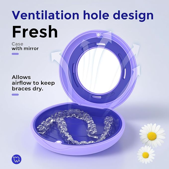 HEMILAB® Retainer Case, Slim Aligner Case with Mirror, Compatible with Invisalign, Cute Retainer Orthodontic Box with Vent Holes, Purple