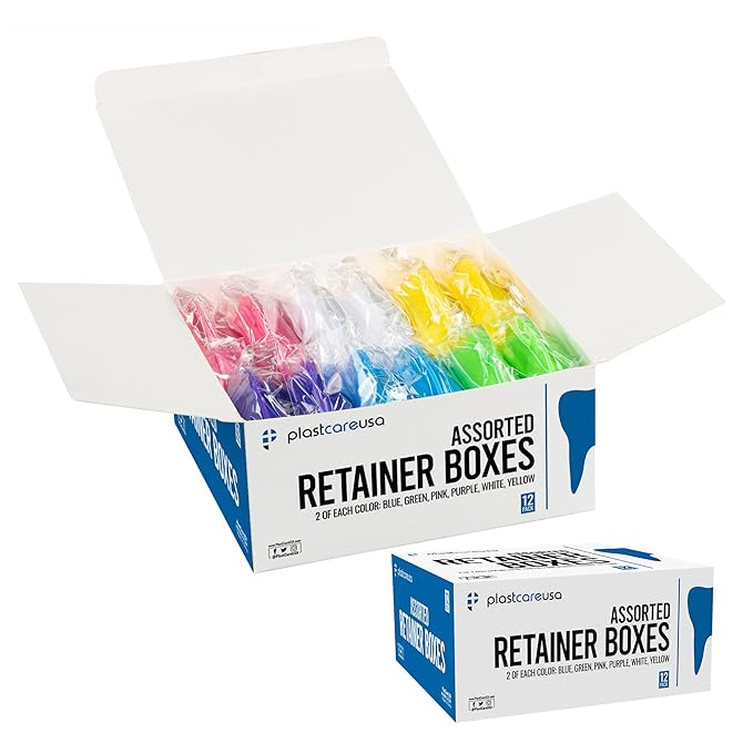 Assorted Retainer Case Box of 12 Individually Sealed, Dental Storage Container for Aligners, Mouth Guards - Yellow, White, Pink, Green, Purple, Blue