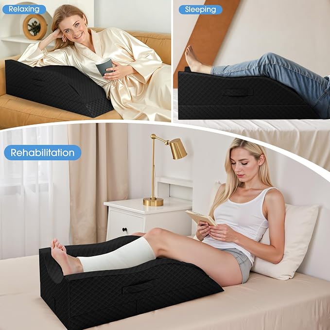 TranquilRelax Elevation Pillows for Leg After Surgery, Memory Foam Adjustable Wedge Pillow for Injury or Rest, Ankle Pillow for Sleeping Blood Circulation, Full Black/Double Leg