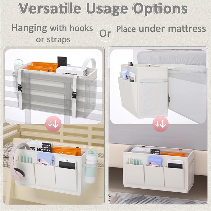 Bedside Caddy Storage Organizer for Bed Rails, Bed Caddy with 6 Pockets | Bedside Organizer with Fixed Straps and Hooks, Mattress Supported Versatile for Home, Dorm, Bunk, Hospital and Crib Bed