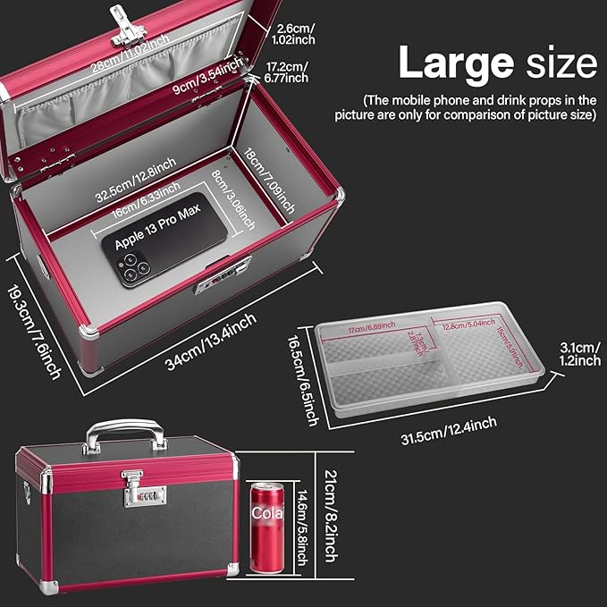 Medicine Lock Box with Combination Lock - 13.4 x 7.6 x 8.2 Inches - First Aid Safe Medication Storage Box, Medications and Personal Items, Safe Boxes for Home and Outdoor - Black Red Black