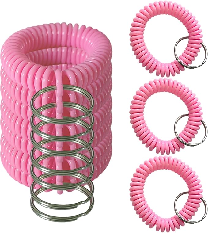 10 Pieces Wrist Coil Keychain Spiral Key Ring, Solid Pink | Wristband Bracelet Key Holder for Pool Gym ID Badge
