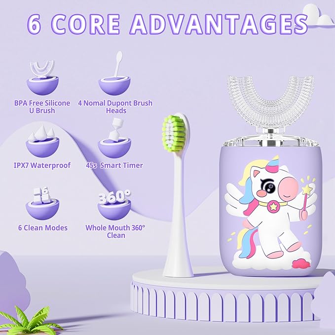 Kids Electric U Shaped Toothbrush, Kids Unicorn Sonic Automatic Toothbrush with 4 Soft Brush Heads with Toothpaste- (Age 8-15, Purple)