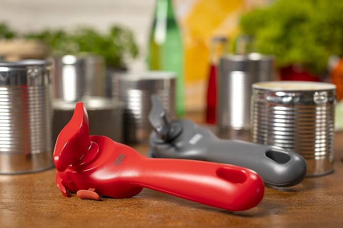 Kuhn Rikon Auto Safety LidLifter Can Opener with Ring-Pull Tool – Smooth-Edge Side-Cut Design for Safe, Touch-Free Lid Removal – Easy-Turn Handle, Swiss Engineered, Red