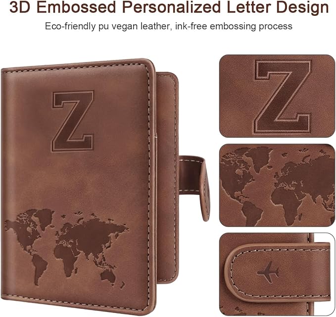 Passport Holder Wallet Cover Personalized Initial Travel Essentials | Embossed Letter A-Z Design, Travel Wallets, RFID Blocking, Passport Book Holders, Women and Men, Personalized Gifts, Brown-Z