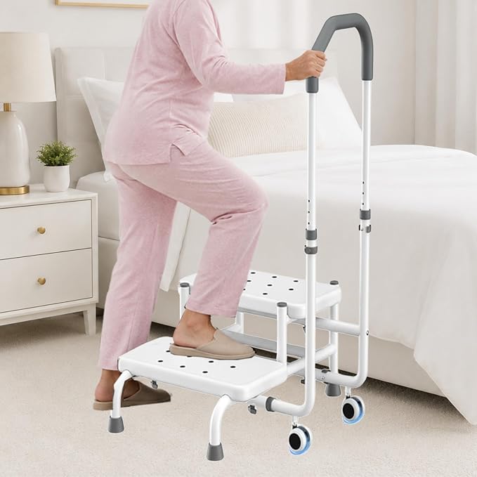 2 Step Stool with Handle & Wheels for Seniors, for Grandpa White | 400 lbs Capacity, Heavy Duty Bed Step for High Beds, Adjustable 5-Level Handrail, Non-Slip Wide Steps, Non-Skid Rubber Feet
