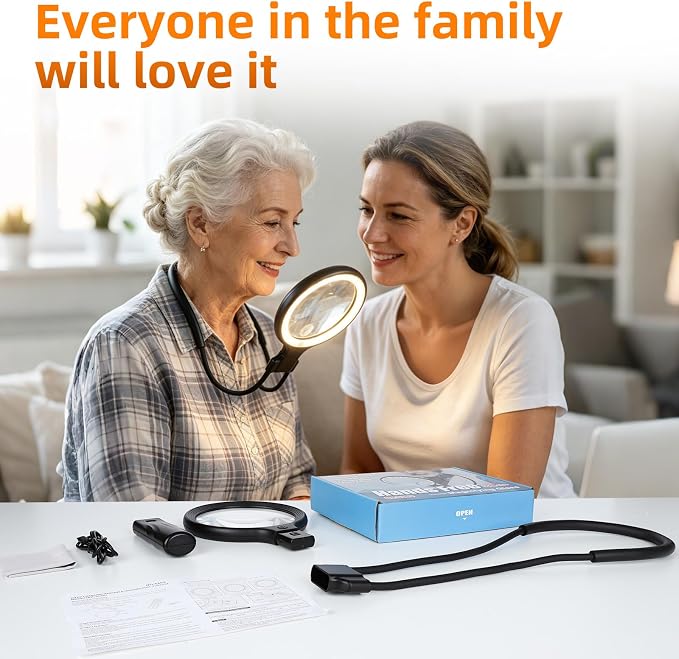 Magnifying Glass with Light for Reading & Crafts, 3-in-1 Rechargeable Neck Magnifier with Comfort Sponge, 5X 10X Optical PMMA Lens, 30 LEDs (3 Colors), Hands Free Magnifier for Seniors, Sewing