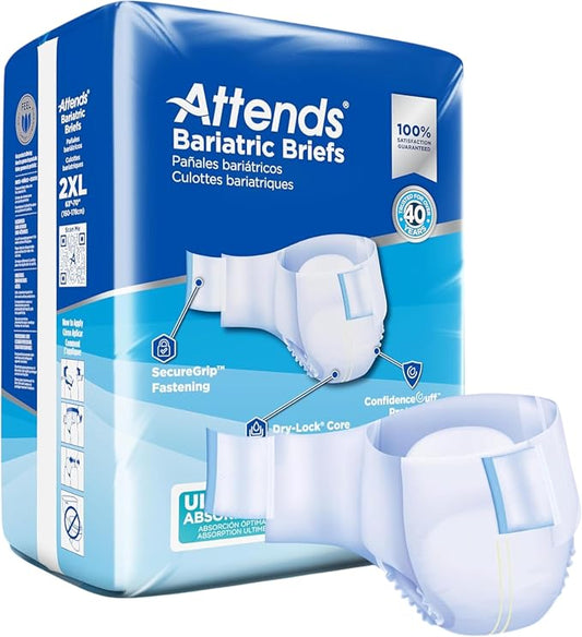 Attends Bariatric Incontinence Disposable Briefs, XX-Large, 63"-70" Waist with Tab Closures, Ultimate Absorbency, Dry-Lock Containment Core and ConfidenceCuff Leakage Protection, 2XL 12ct Bag