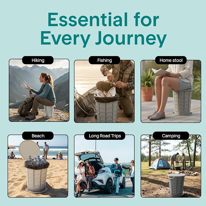SereneLife Foldable Toilet Seat for Camping, Adjustable Height Portable Travel Potty with Lid, Carry Bag, Non-Slip Base, 331 lbs Capacity + 3-Pack Flushable Wipes, for Car, Hiking, Outdoor Use, Gray