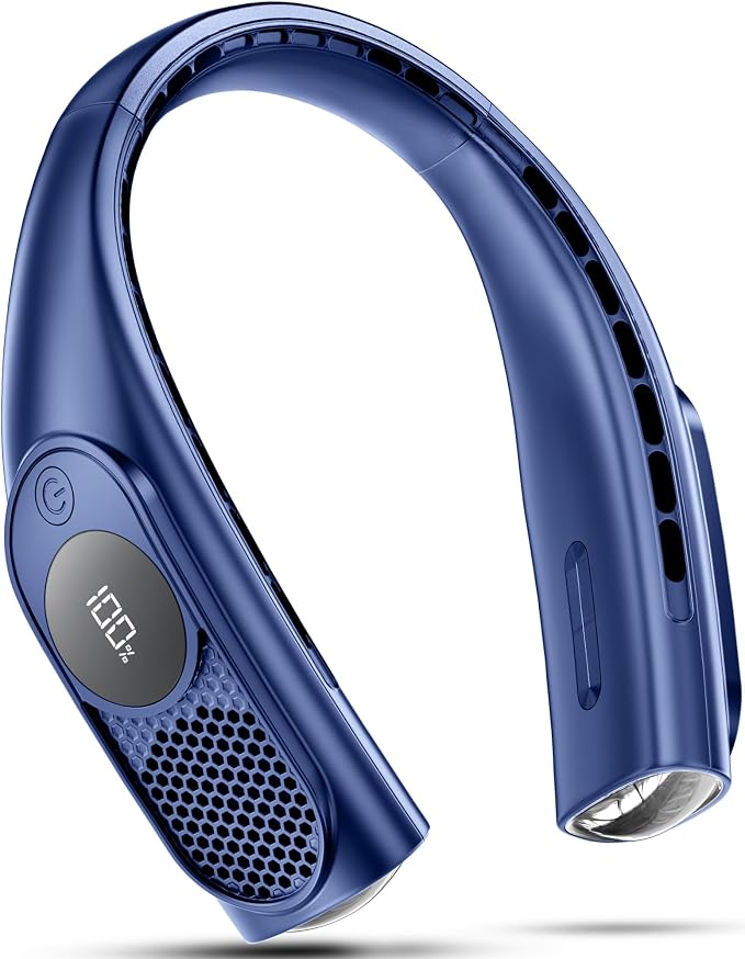 Portable Neck Fans that Blow Cold Air, Wearable Bladeless Neck Fan, Rechargeable 360°Personal Fan Neck Cooler, 3-Speed, LED Display, 4000mAh, Type-C Port, For Travel, Birthday Gift for Women-Blue