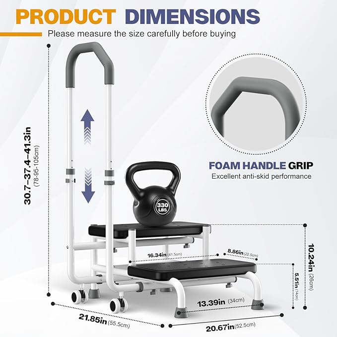 2 Step Stool with Handle for Elderly, 2 Lockable Wheel - Bed Steps for High Beds for Adults, 4.3 in Widened Spacing, 5 Level Adjustable Handrail, Foot Stool, for Bedside, Kitchen, RV, Bathtub