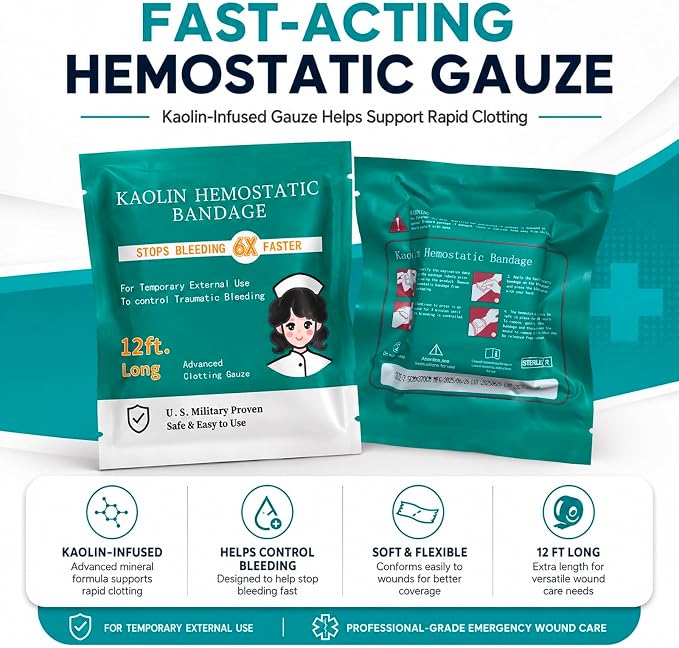Quick Clot Gauze, First Aid Advanced Stop The Bleed Kit Combat Flexible Hemostatic Gauze-Bleed Stop Faster Wound Packing Medical,Survival Kit Supplies (3" x 12.5) (4)