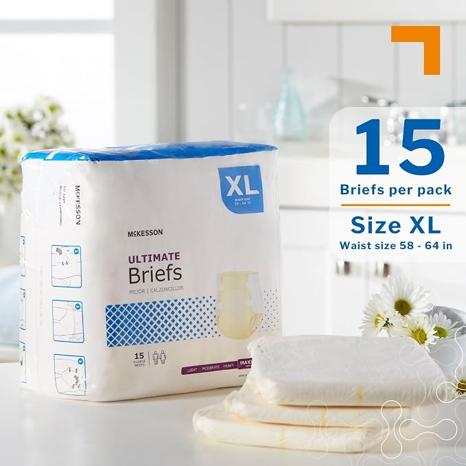 McKesson Ultimate Briefs, XL, Maximum Absorbency, Unisex, 64 in, 15 ct | Disposable, Elastic Leg Gathers and Contoured Fit for Men and Women, Incontinence