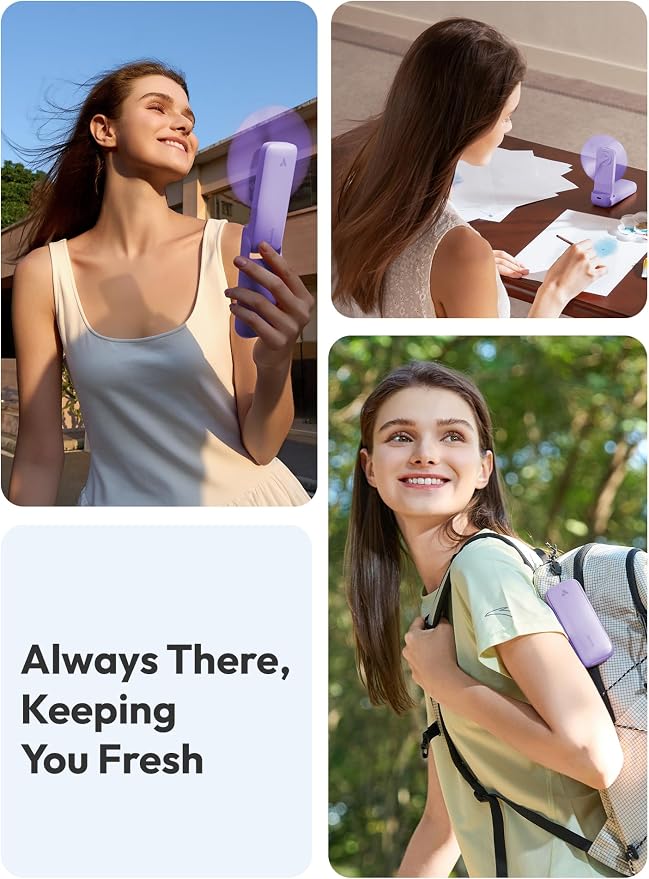 Aecooly Slim Portable Fan 2 Pack, Thin Handheld Fan, USB Rechargeable | Mini Personal [24H Max Cooling Time], Battery Powered Small Foldable Pocket for Travel, Summer, Gifts for Women, Girls-Purple