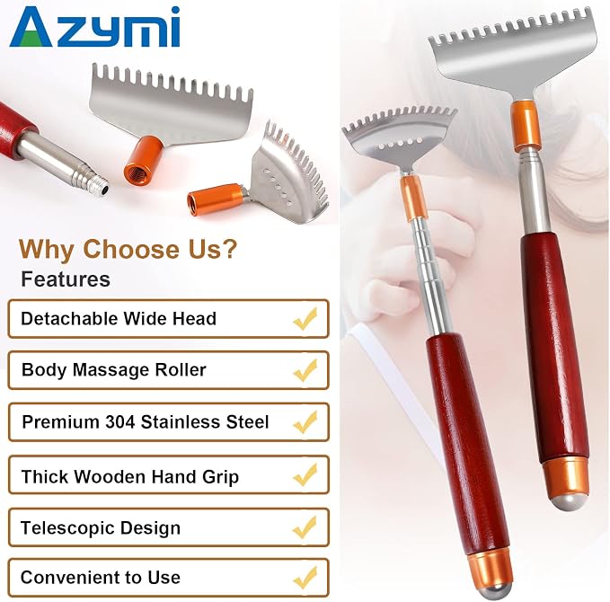 Back Scratcher with 2Pcs Wide Detachable Heads, Azymi Telescopic Back Scratcher for Women Men, 304 Stainless Steel Claws/Roller Ball/Wooden Handle, Long Big Heavy Duty Head Body Scratcher Massager