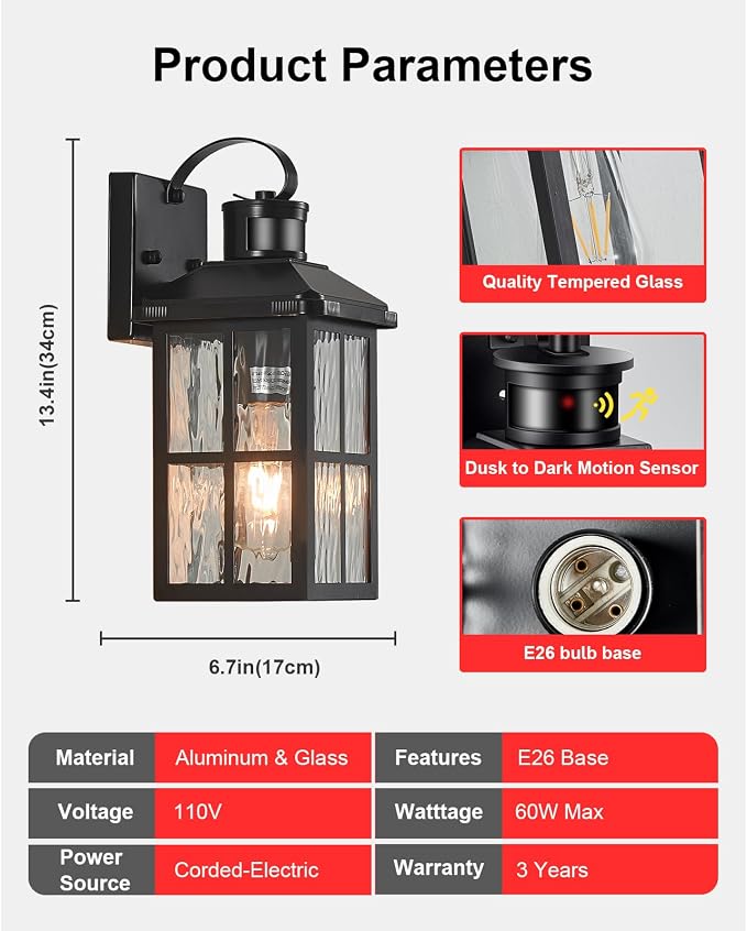 Motion Sensor Porch Light Dusk to Dawn Outdoor Wall Light | Exterior Lighting Fixtures Modern Outside Wall Mount Coach Lamp for House Garage Patio Front Door(Black)