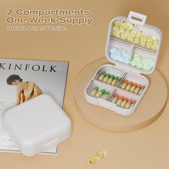 Small Travel Pill Box, Double Layer 7-Compartments Pill Organizer, Portable Weekly Pill Case Container for Pocket, 7 Day Compact Medicine Holder for Vitamins, Fish Oils, Supplements White
