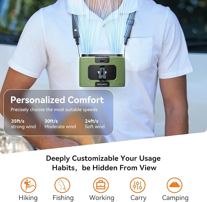 Doublepow 10000mAh Portable Waist Fan, Personal Dual Waist Fan, Clip On Belt Hanging Neck, Dual Motor 20H&10 Speed 16000RPM Strong Airflow, USB Rechargeable Fans, for Outdoor Work Travel(K60-Green)