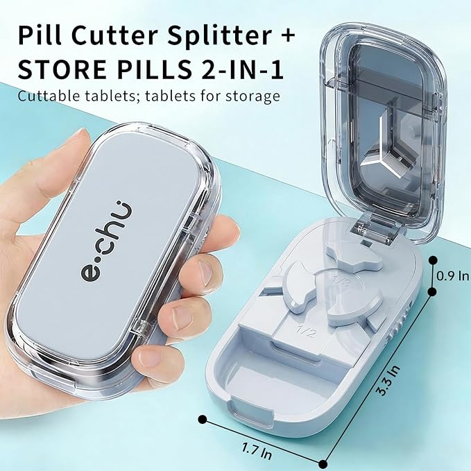 Pill Cutter Splitter for Small and Tiny Pills - Adjustable Pill Splitter with Centering Device for Cutting Multiple Pills, Accurate Alignment and Easy to Use, Storage Organizer (2Blue)