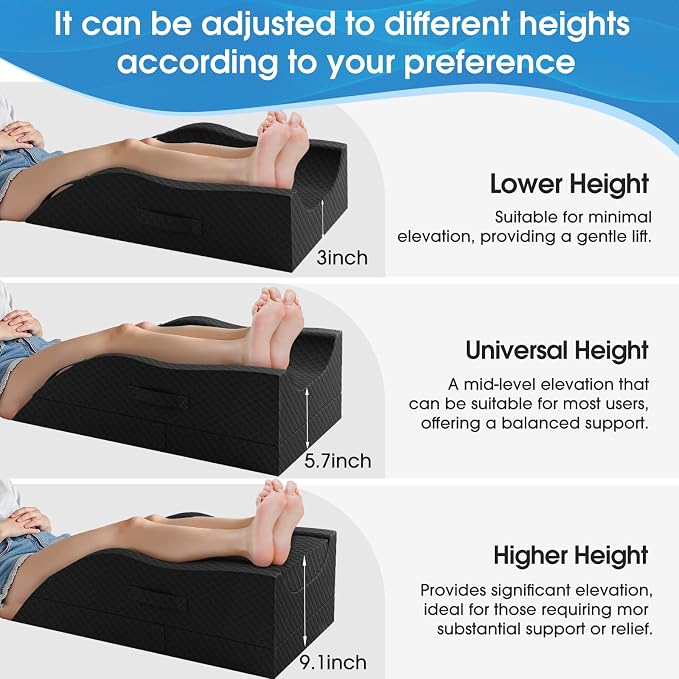 TranquilRelax Leg Pillow, Leg Elevation Pillow with Pad and Memory Foam, Height Adjustable Bolster Pillow for Legs, Leg Pillow Elevation Blood Circulation, for Post-Surgery, Full Black