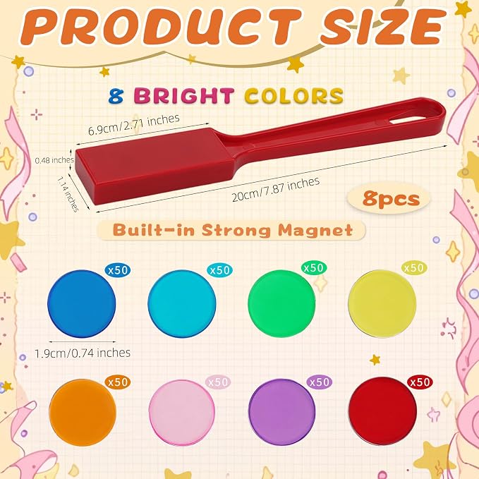 SAYAYA 8 PCS Magnetic Bingo Wand and Chips 7.87 inches Multi Colors Magnetic Wand with 400 PCS Bingo Chips for Counting Science Learning Family Game Night Activities