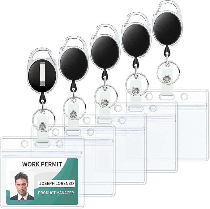 Uniclife 5 Pack Badge Holder Horizontal Clear Plastic Case with Retractable Badge Reel Carabiner Clip Soft Waterproof Card Protector for IDs Credit Cards Proximity Cards Driver’s Licenses and Passes