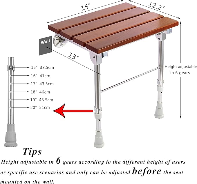 Folding Shower Seat Wall Mounted with Legs, Shower Seat Benches Stool Chair for Inside Shower, Fold Down Shower Seat for Seniors Small Shower Space, Foldable Fold up Waterproof Wood Height Adjustable