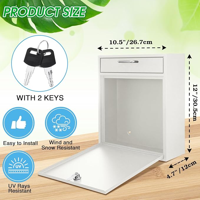 Yaocom Locking Mailbox with Key for Outdoor 12 x 10.5 x 4.7 Inches Large Wall Mount Mail Box with Lock Security Mail Drop Metal Collection Boxes Hanging Secure Postbox(Creamy White)