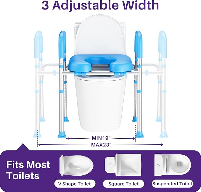 KEKOY Toilet Seat Risers for Seniors, Adjustable Size, Bedside Commode | Padded Elevated with Handles, Fits Most Heights Builds,Tool Free Install,Fits Most Round Elongated Toilets for Handicap, Blue