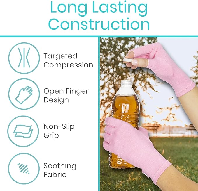 Vive Pink Arthritis Hand Compression Gloves - Comfortable Fit for Men and Women - Open Finger for Rheumatoid, Osteoarthritis and Computer Typing Pain - Carpal Tunnel Support - Moisture Wicking Fabric